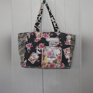 Salvage Sacs Chanel Floral Towel Tote Beach Bag - Black with Pink Roses XL